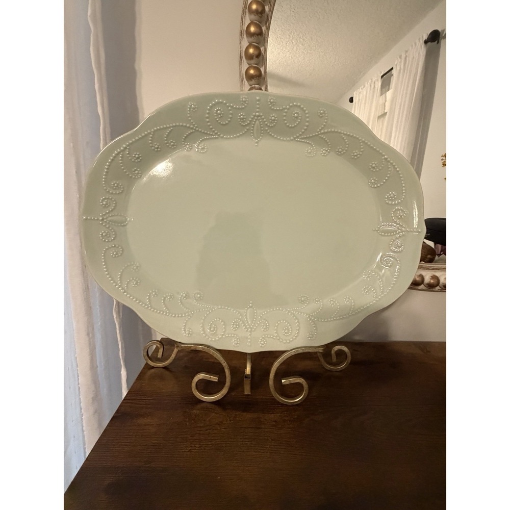 Lenox French Perle Ice Blue Oval Serving Platter 16" Stoneware Embossed EUC